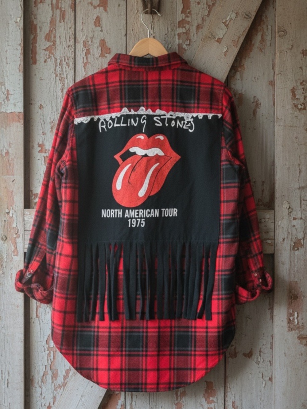 ROLLING STONES Upcycled Band Graphic Shirt Flannel Lace Appliqué Musician Fringe